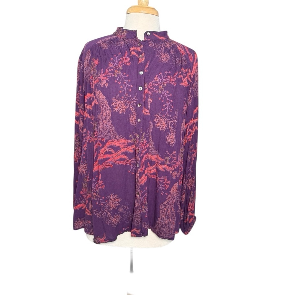 Free People Purple Pink Oversized Peacock Print Metallic Blooms Boho Shirt XS